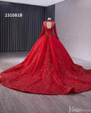 Red Beaded Lace Applique Wedding Gown Long Sleeve Quinceanera Dress 231081b-Quinceanera Dresses-Viniodress-Viniodress