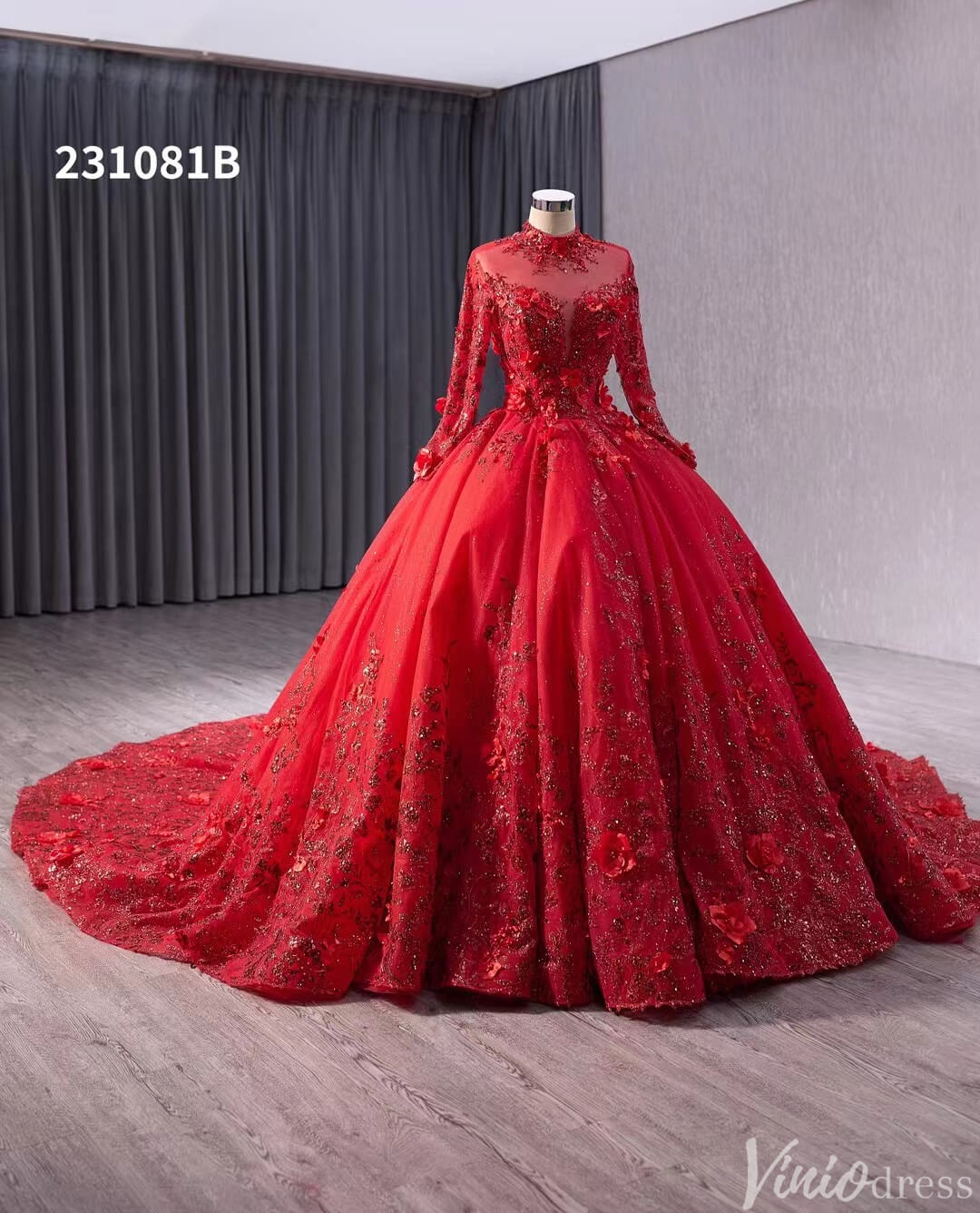 Red Beaded Lace Applique Wedding Gown Long Sleeve Quinceanera Dress 231081b-Quinceanera Dresses-Viniodress-Viniodress