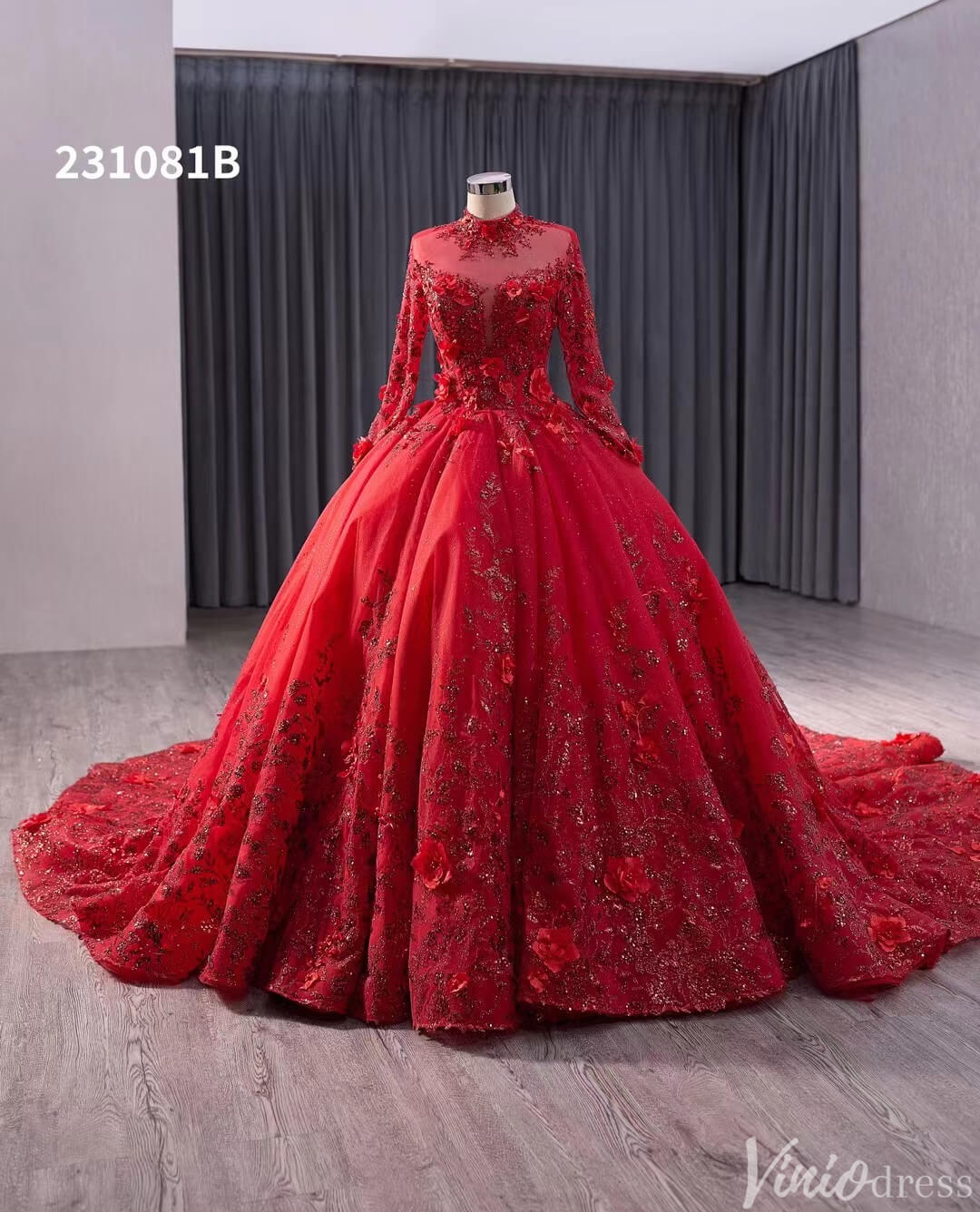 Red Beaded Lace Applique Wedding Gown Long Sleeve Quinceanera Dress 231081b - ViniodressQuinceanera DressesRedCustom Size - Formal Dresses - Ball Gowns