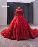 Red Beaded Lace Applique Wedding Gown Long Sleeve Quinceanera Dress 231081b-Quinceanera Dresses-Viniodress-Viniodress