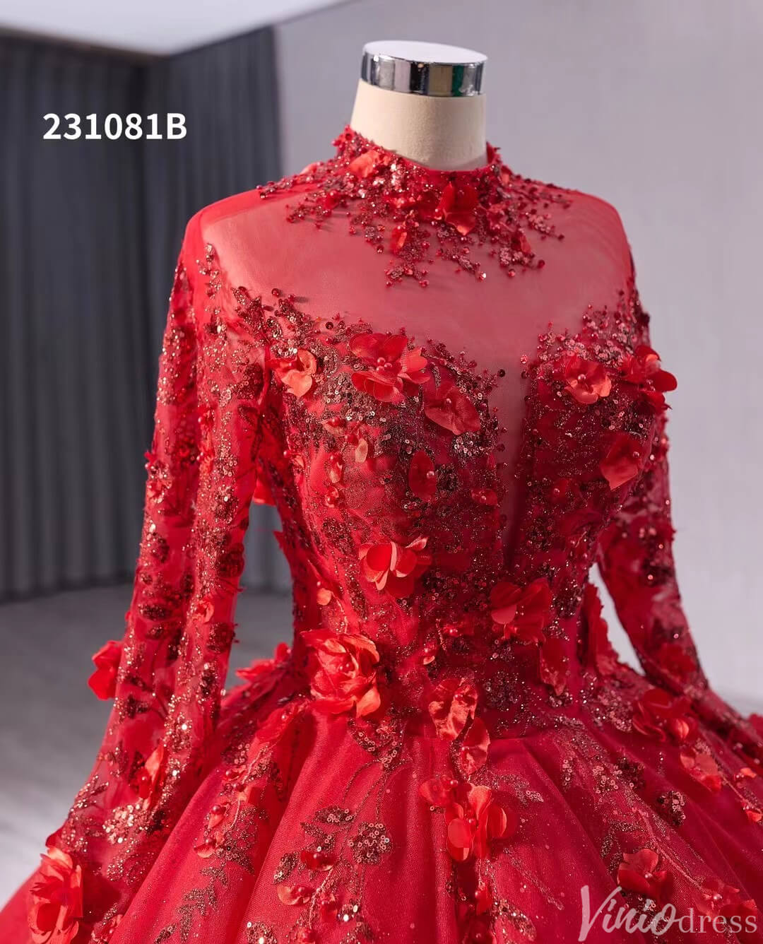 Red Beaded Lace Applique Wedding Gown Long Sleeve Quinceanera Dress 231081b-Quinceanera Dresses-Viniodress-Viniodress