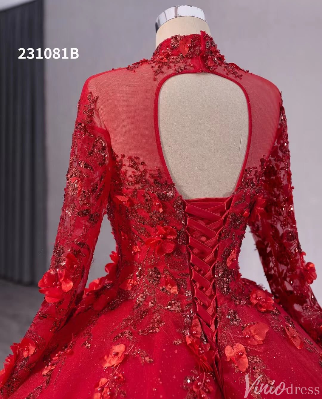 Red Beaded Lace Applique Wedding Gown Long Sleeve Quinceanera Dress 231081b - ViniodressQuinceanera DressesRedCustom Size - Formal Dresses - Ball Gowns