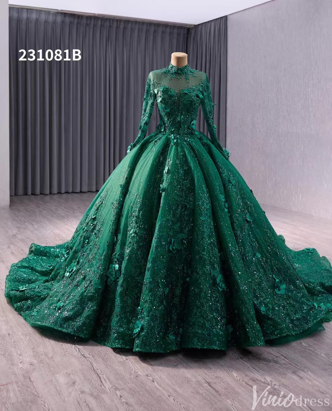 Red Beaded Lace Applique Wedding Gown Long Sleeve Quinceanera Dress 231081b-Quinceanera Dresses-Viniodress-Green-Custom Size-Viniodress