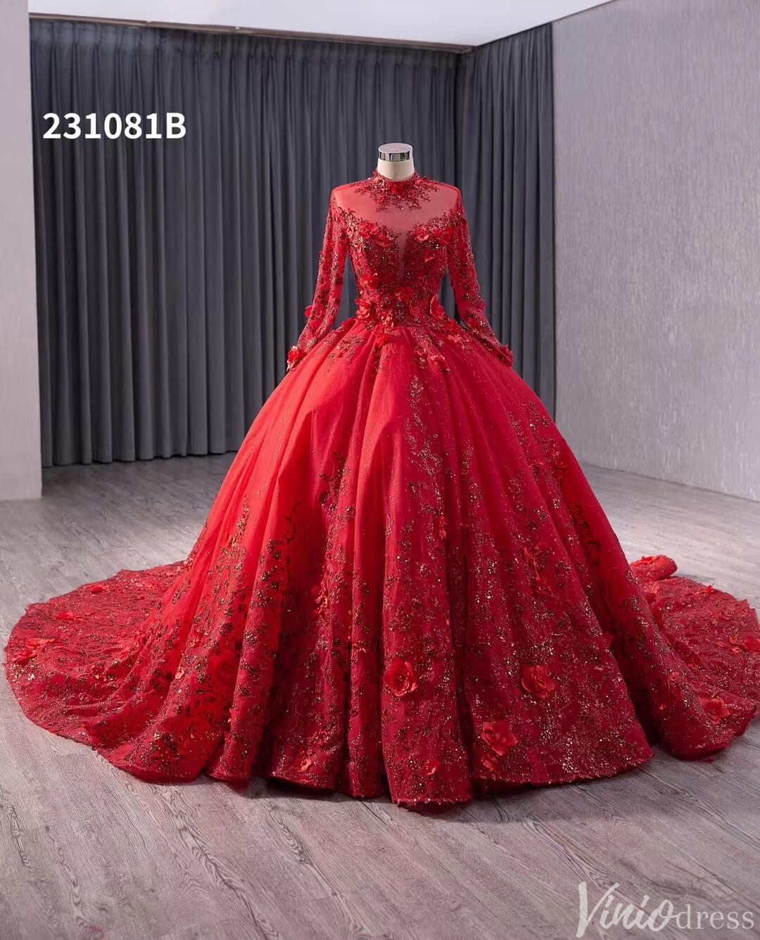 Red Beaded Lace Applique Wedding Gown Long Sleeve Quinceanera Dress 231081b - ViniodressQuinceanera DressesRedCustom Size - Formal Dresses - Ball Gowns