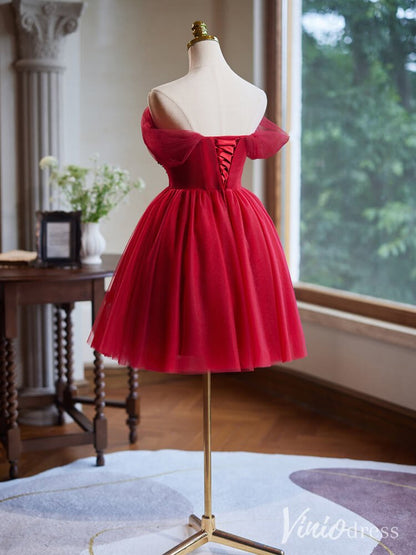 Red Beaded Lace Homecoming Dresses Off the Shoulder Graduation Dress BJ055-prom dresses 2025 -Viniodress-Red-Custom Size-