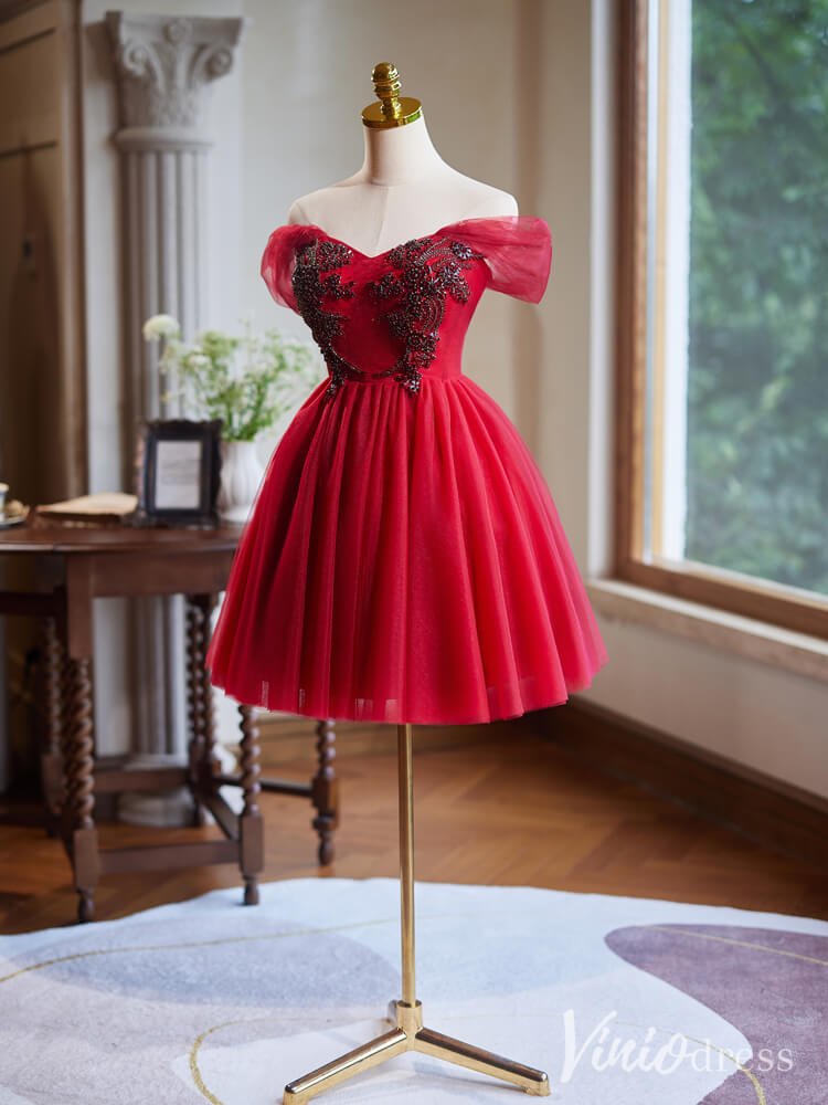Red Beaded Lace Homecoming Dresses Off the Shoulder Graduation Dress BJ055-prom dresses 2025 -Viniodress-Red-Custom Size-