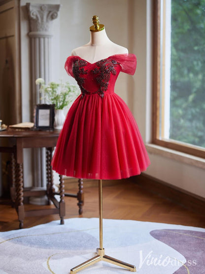 Red Beaded Lace Homecoming Dresses Off the Shoulder Graduation Dress BJ055-prom dresses 2025 -Viniodress-Red-Custom Size-