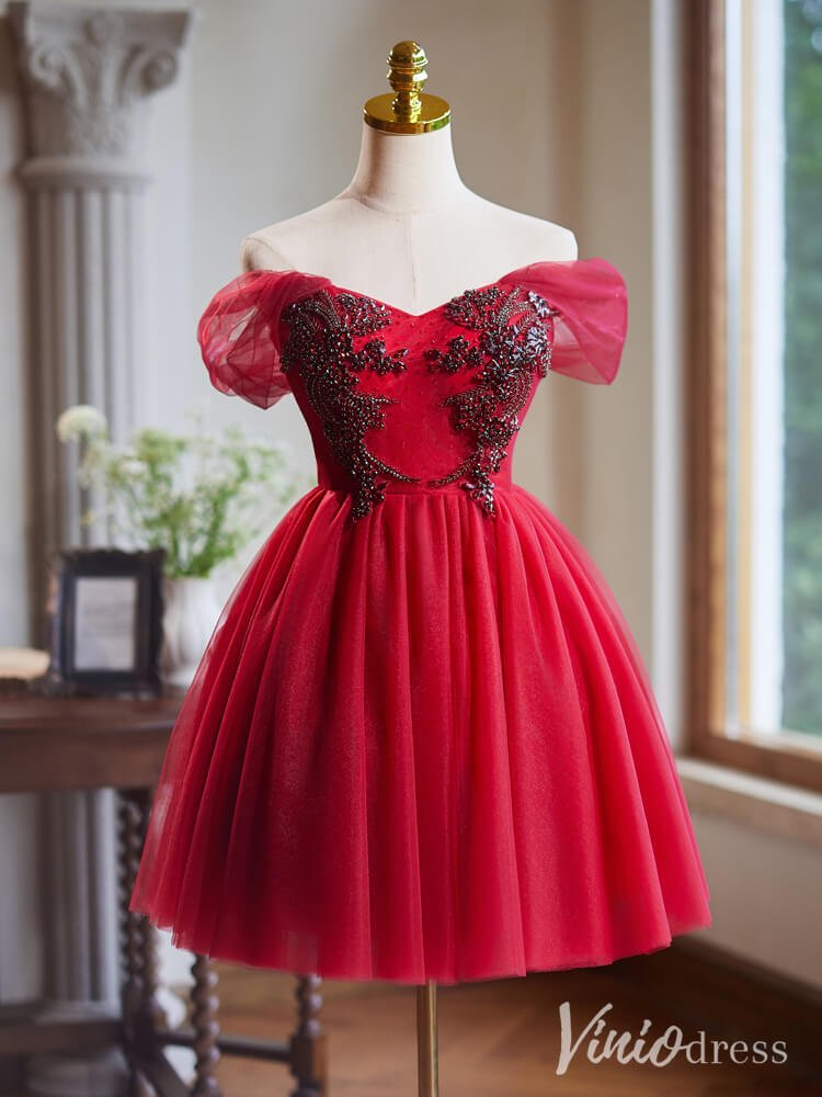 Red Beaded Lace Homecoming Dresses Off the Shoulder Graduation Dress BJ055 - Viniodressprom dressesRedCustom Size - Formal Dresses - Ball Gowns