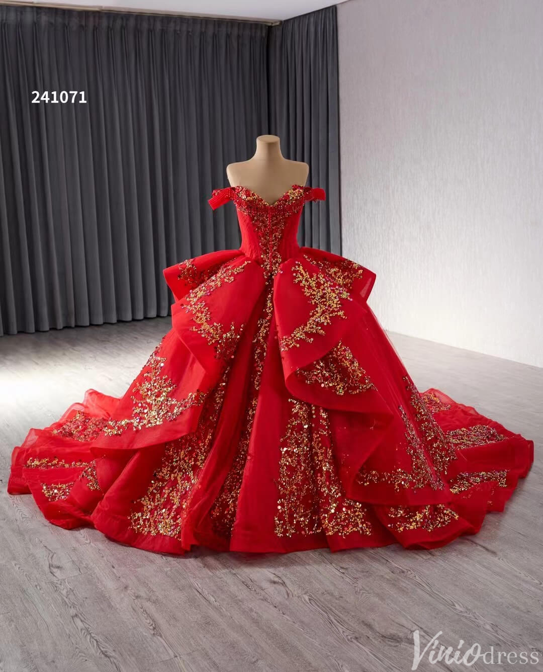 Red Beaded Lace Tiered Wedding Gowns Removable Overskirt Off the Shoulder Quince Dress 241071-Quinceanera Dresses 2025 -Viniodress-Red-Custom Size-