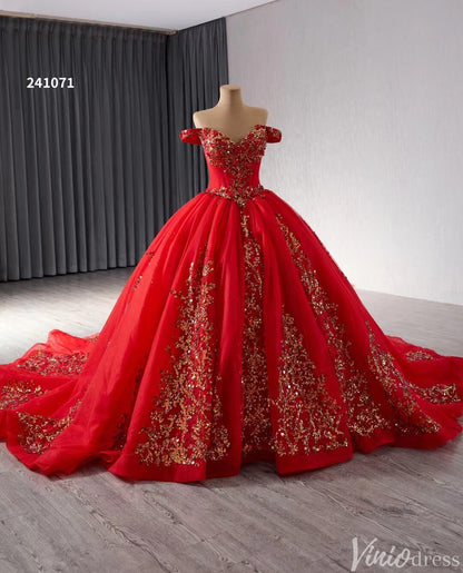 Red Beaded Lace Tiered Wedding Gowns Removable Overskirt Off the Shoulder Quince Dress 241071-Quinceanera Dresses 2025 -Viniodress-Red-Custom Size-