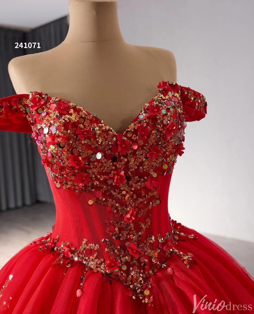 Red Beaded Lace Tiered Wedding Gowns Removable Overskirt Off the Shoulder Quince Dress 241071-Quinceanera Dresses 2025 -Viniodress-Red-Custom Size-