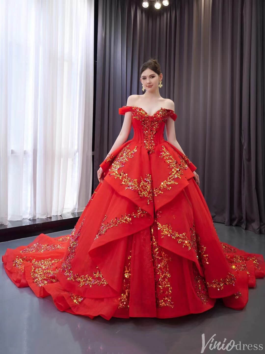 Red Beaded Lace Tiered Wedding Gowns Removable Overskirt Off the Shoulder Quince Dress 241071-Quinceanera Dresses 2025 -Viniodress-Red-Custom Size-