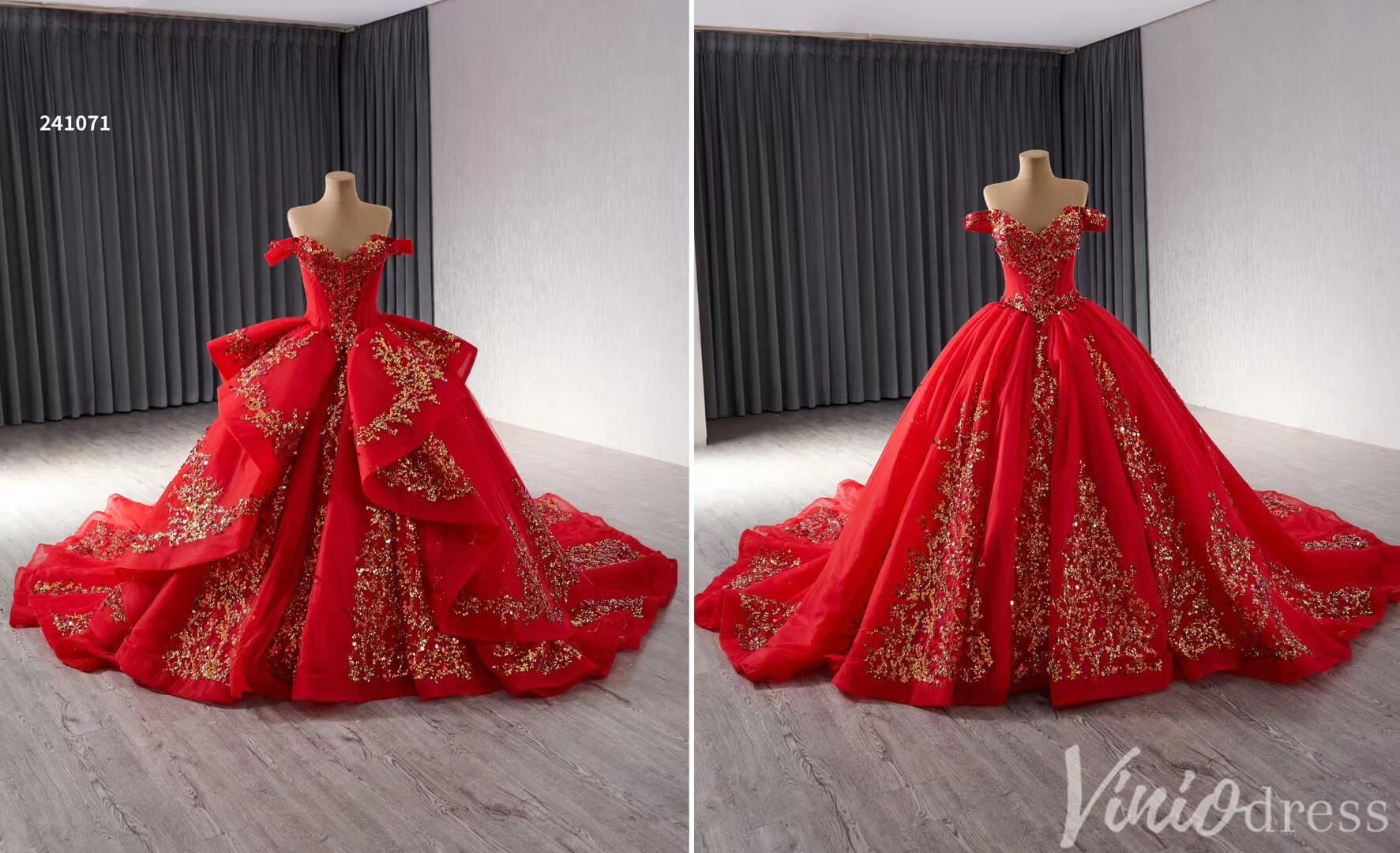 Red Beaded Lace Tiered Wedding Gowns Removable Overskirt Off the Shoulder Quince Dress 241071-Quinceanera Dresses-Viniodress-Viniodress