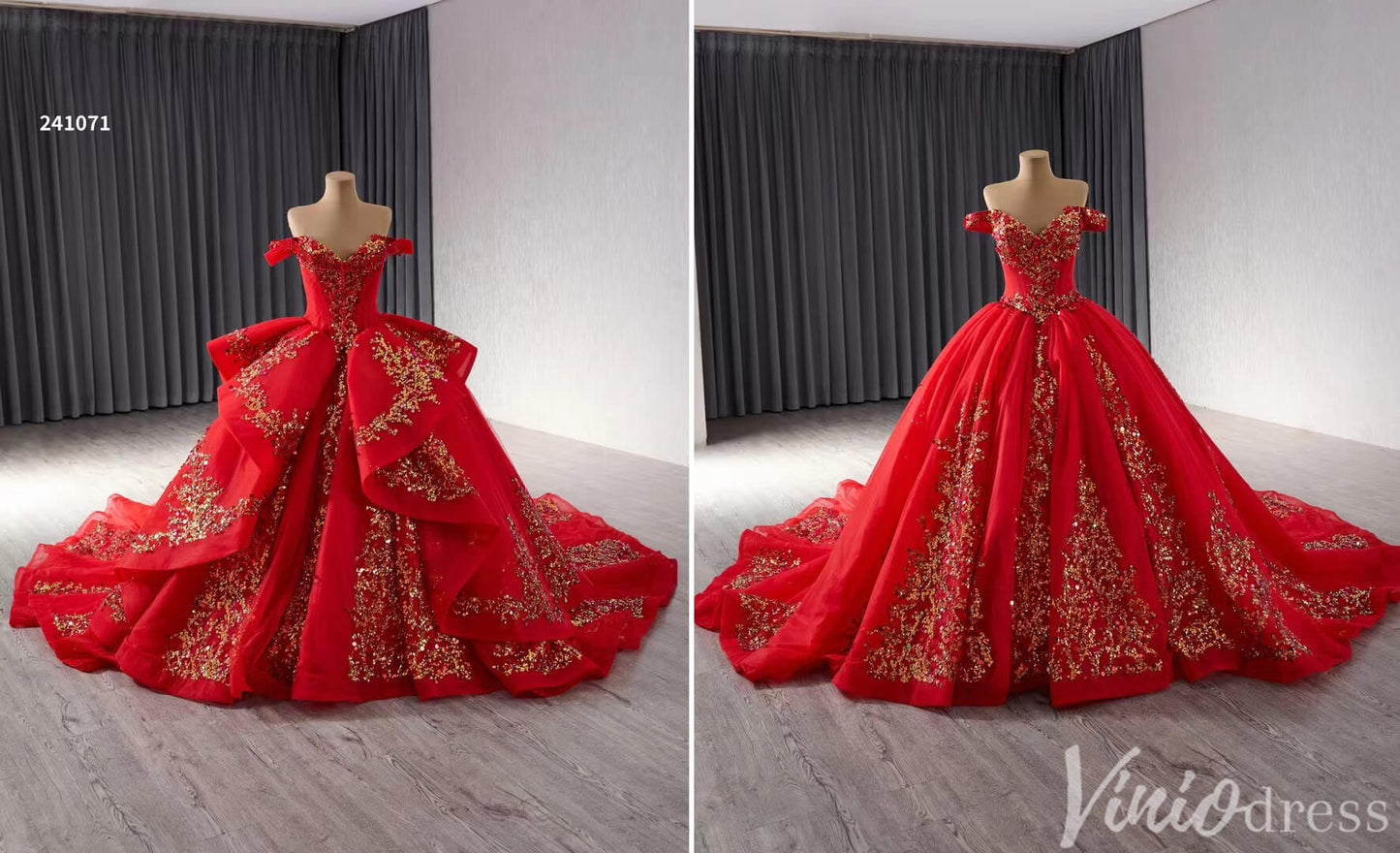 Red Beaded Lace Tiered Wedding Gowns Removable Overskirt Off the Shoulder Quince Dress 241071 - ViniodressQuinceanera DressesRedCustom Size - Formal Dresses - Ball Gowns