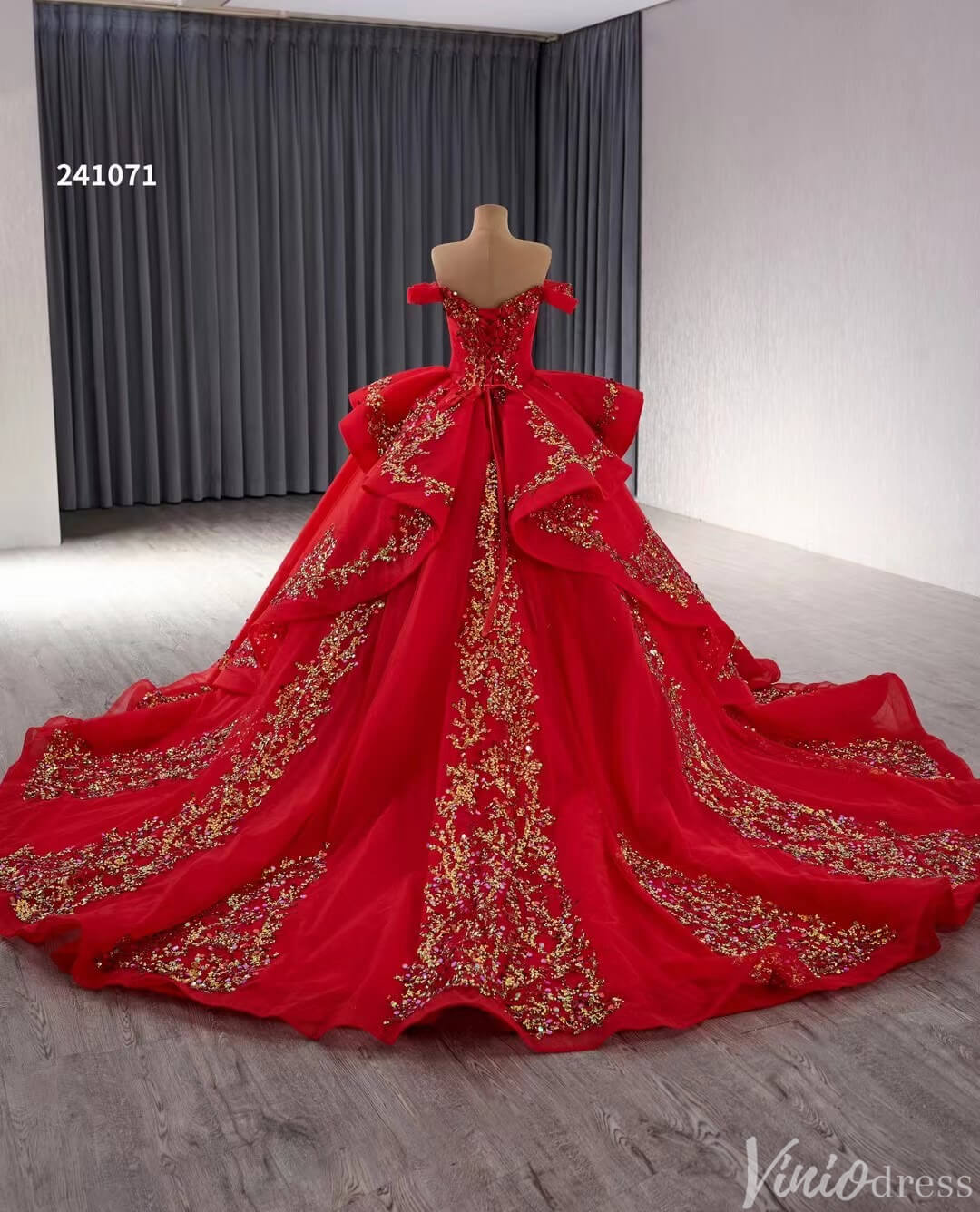 Red Beaded Lace Tiered Wedding Gowns Removable Overskirt Off the Shoulder Quince Dress 241071-Quinceanera Dresses-Viniodress-Viniodress