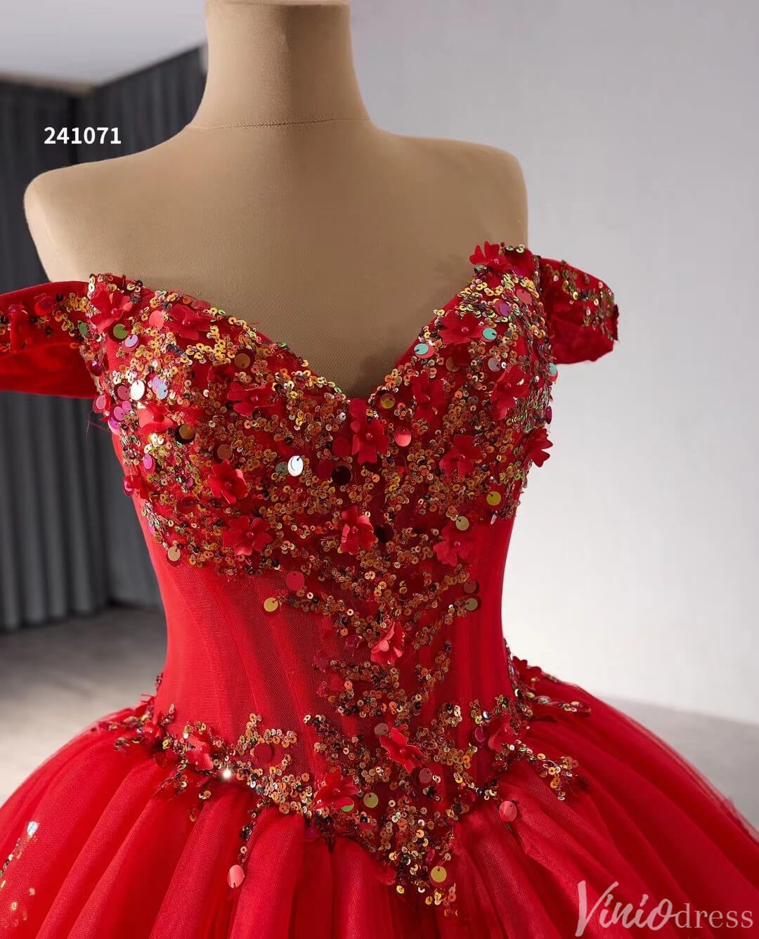 Red Beaded Lace Tiered Wedding Gowns Removable Overskirt Off the Shoulder Quince Dress 241071 - ViniodressQuinceanera DressesRedCustom Size - Formal Dresses - Ball Gowns