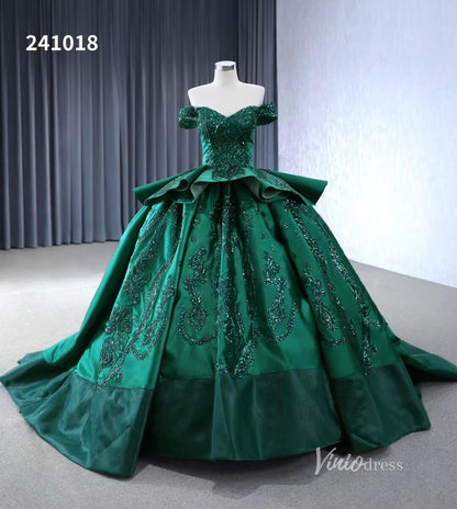 Red Beaded Lace Wedding Dresses Off the Shoulder Tiered Quinceanera Dress 241018-Quinceanera Dresses 2025 -Viniodress-Green-Custom Size-