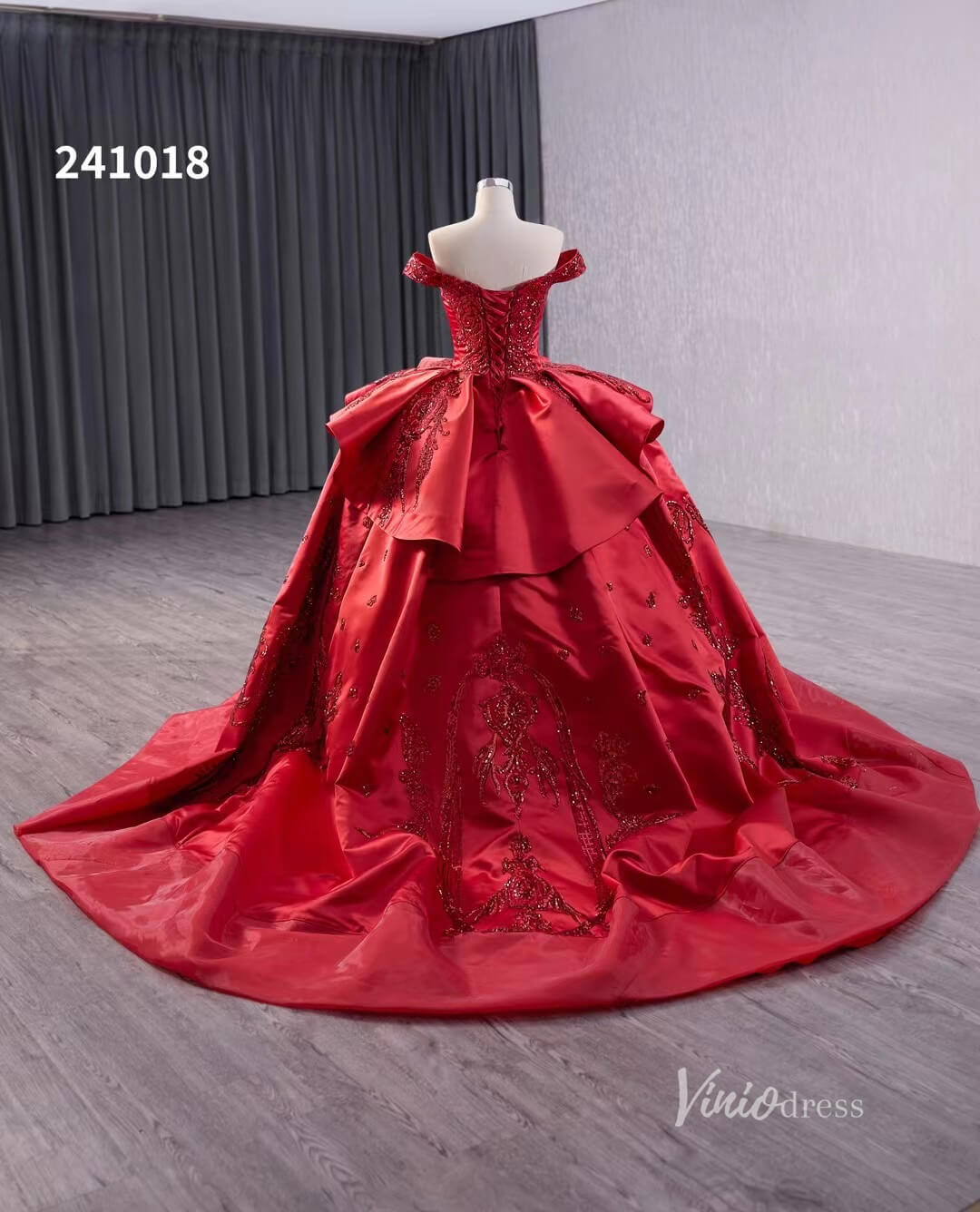 Red Beaded Lace Wedding Dresses Off the Shoulder Tiered Quinceanera Dress 241018-Quinceanera Dresses 2025 -Viniodress-Red-Custom Size-
