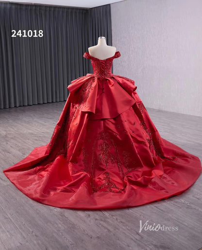 Red Beaded Lace Wedding Dresses Off the Shoulder Tiered Quinceanera Dress 241018-Quinceanera Dresses 2025 -Viniodress-Red-Custom Size-