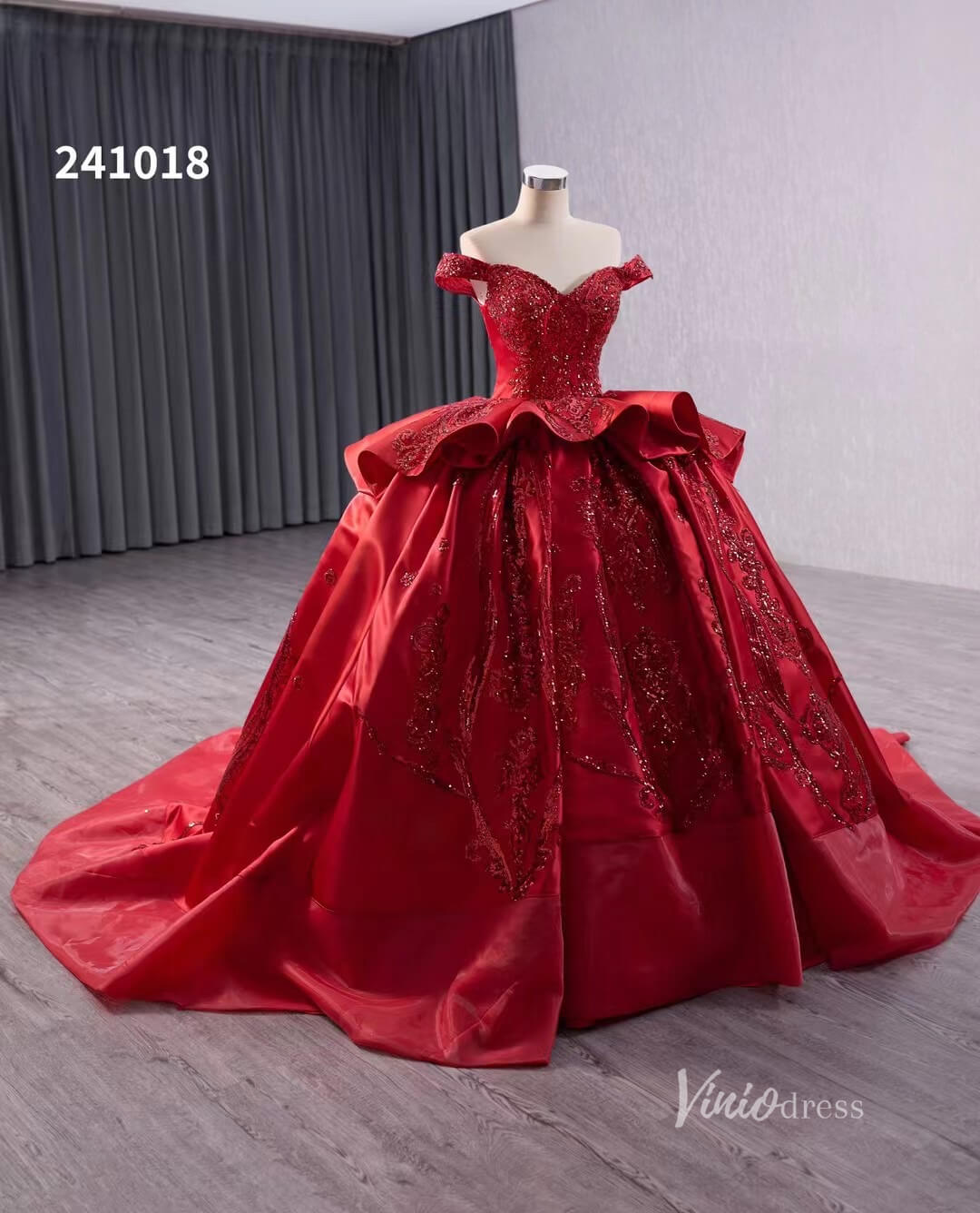 Red Beaded Lace Wedding Dresses Off the Shoulder Tiered Quinceanera Dress 241018-Quinceanera Dresses 2025 -Viniodress-Red-Custom Size-