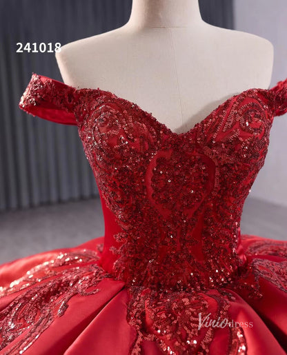 Red Beaded Lace Wedding Dresses Off the Shoulder Tiered Quinceanera Dress 241018-Quinceanera Dresses 2025 -Viniodress-Red-Custom Size-