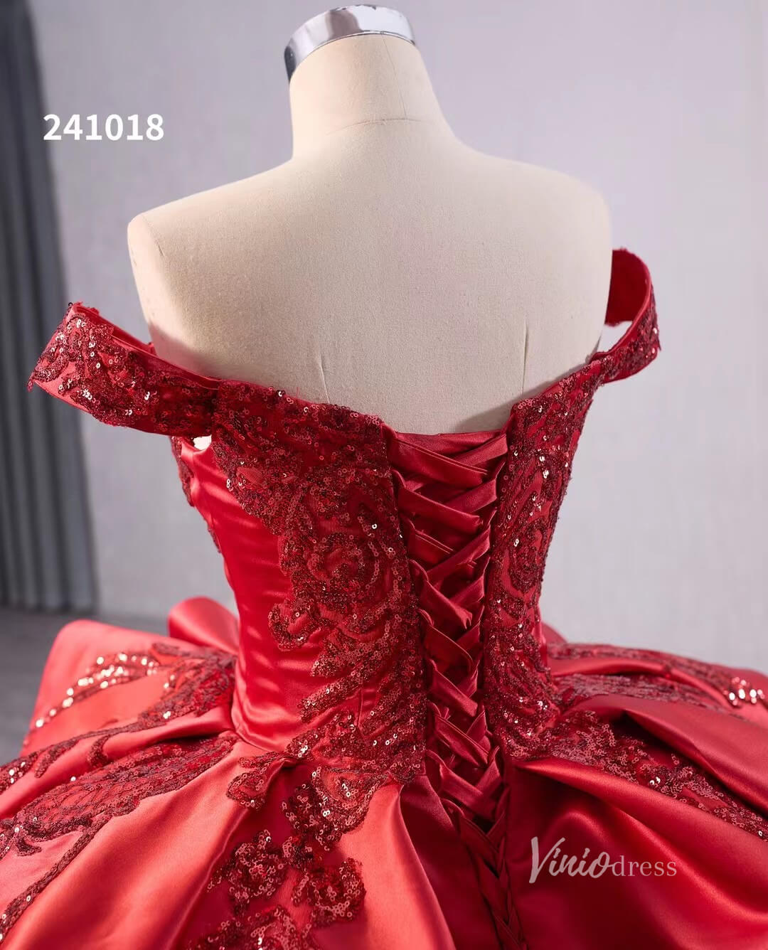 Red Beaded Lace Wedding Dresses Off the Shoulder Tiered Quinceanera Dress 241018-Quinceanera Dresses 2025 -Viniodress-Red-Custom Size-