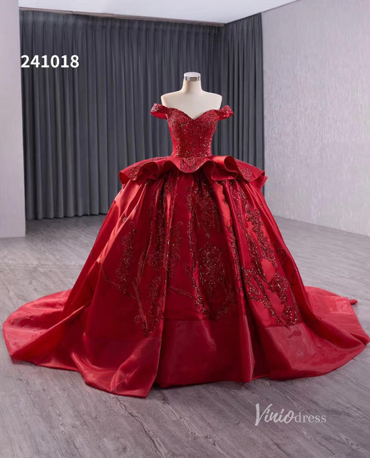 Red Beaded Lace Wedding Dresses Off the Shoulder Tiered Quinceanera Dress 241018 - ViniodressQuinceanera DressesRedCustom Size - Formal Dresses - Ball Gowns