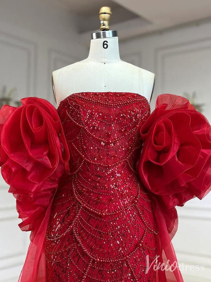 Red Beaded Mermaid Prom Dresses with Rosette Flower Cape Sleeves Formal Dresses 20219-Evening Dresses 2025 -Viniodress-Red-US 2-