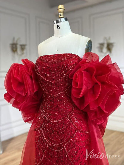 Red Beaded Mermaid Prom Dresses with Rosette Flower Cape Sleeves Formal Dresses 20219-Evening Dresses 2025 -Viniodress-Red-US 2-