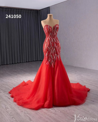 Red Beaded Mermaid Wedding Gown Strapless Sweetheart Neck Bridal Dress 241050-wedding dresses 2025 -Viniodress-Red-Custom Size-