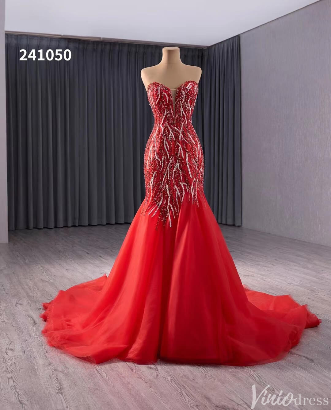 Red Beaded Mermaid Wedding Gown Strapless Sweetheart Neck Bridal Dress 241050-wedding dresses 2025 -Viniodress-Red-Custom Size-