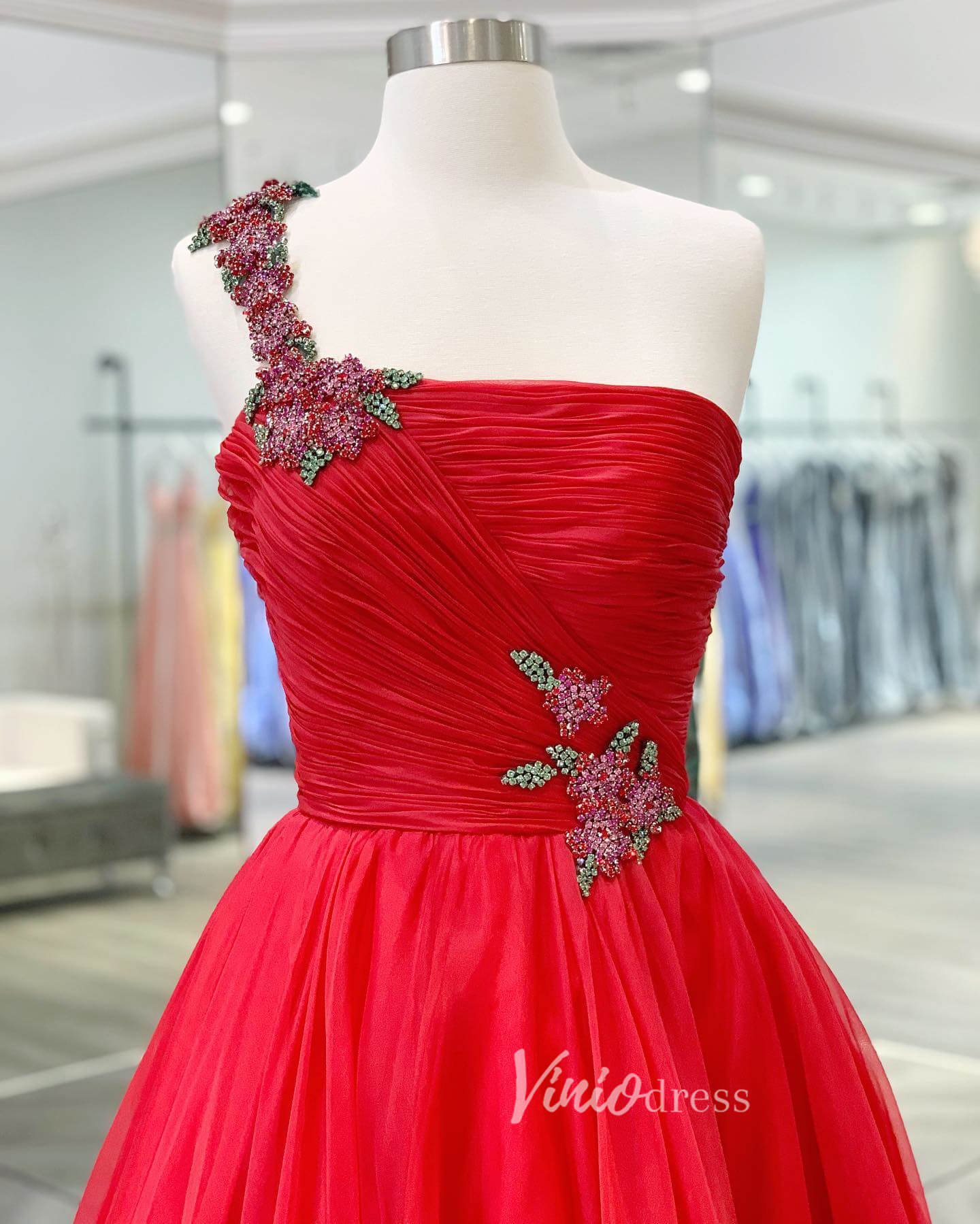 Red Beaded One Shoulder Prom Dresses Pleated Tulle Evening Dress FD3136-prom dresses 2025 -Viniodress-Red-Custom Size-