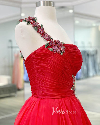 Red Beaded One Shoulder Prom Dresses Pleated Tulle Evening Dress FD3136-prom dresses 2025 -Viniodress-Red-Custom Size-