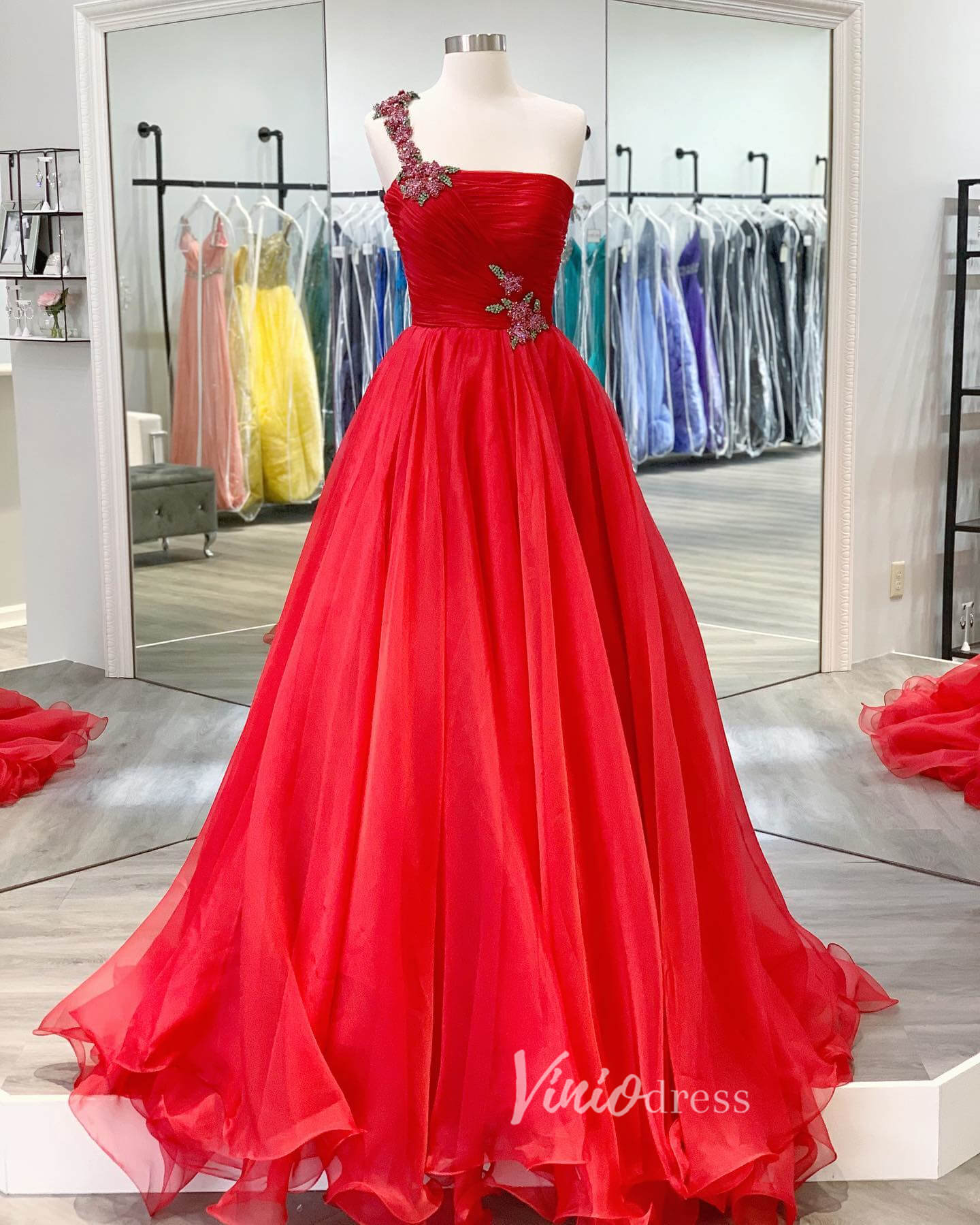 Red Beaded One Shoulder Prom Dresses Pleated Tulle Evening Dress FD3136-prom dresses 2025 -Viniodress-Red-Custom Size-