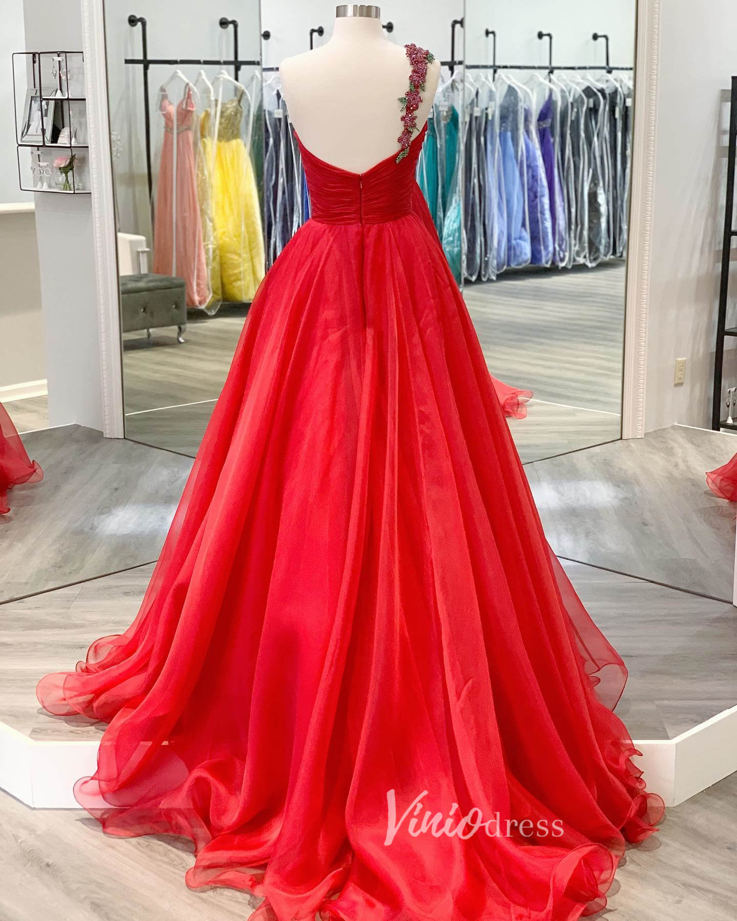 Prom Dress 2025 Red Beaded One Shoulder Prom Dresses Pleated Tulle Evening Dress FD3136-unique prom dresses-Red-Custom Size-Viniodress