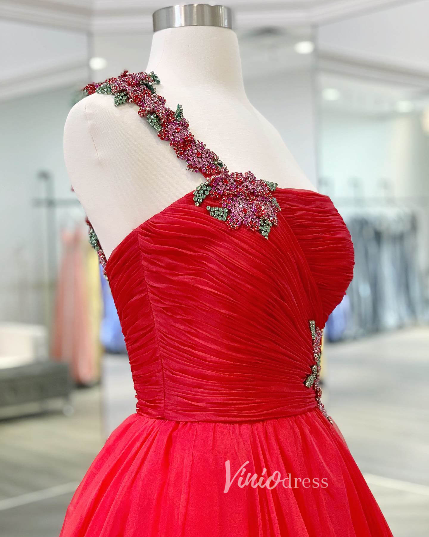 Prom Dress 2025 Red Beaded One Shoulder Prom Dresses Pleated Tulle Evening Dress FD3136-unique prom dresses-Red-Custom Size-Viniodress