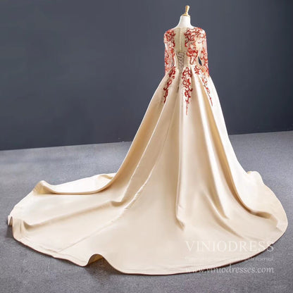 Red Beaded Pageant Gown with Satin Overskirt | Illusion Neckline, Sheer Long Sleeves FD1081 viniodress-Pageant Dress 2025 -Viniodress-Champagne-Custom Size-