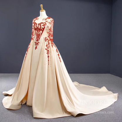 Red Beaded Pageant Gown with Satin Overskirt | Illusion Neckline, Sheer Long Sleeves FD1081 viniodress-Pageant Dress 2025 -Viniodress-Champagne-Custom Size-