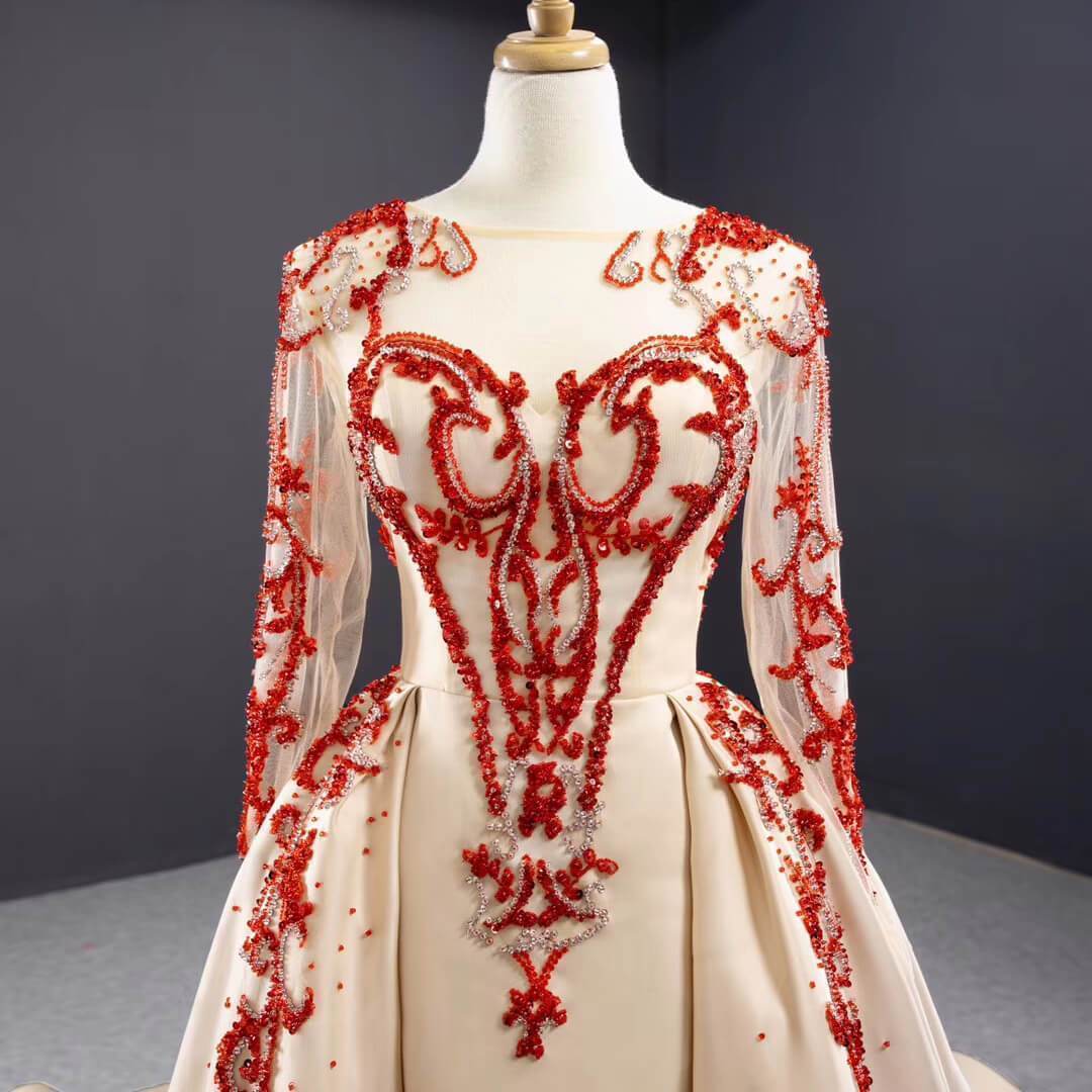 Red Beaded Pageant Gown with Satin Overskirt | Illusion Neckline, Sheer Long Sleeves FD1081 viniodress-Pageant Dress 2025 -Viniodress-Champagne-Custom Size-