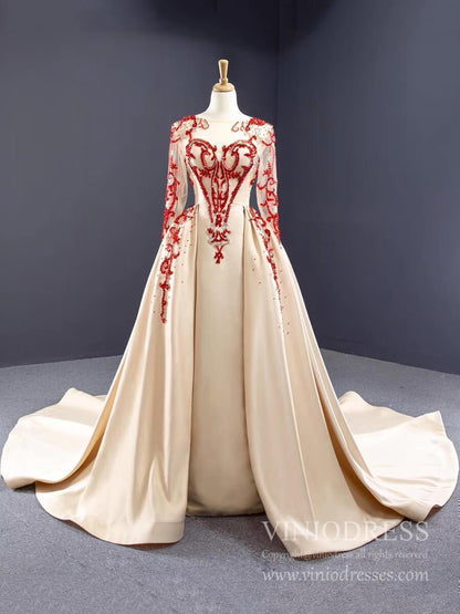 Red Beaded Pageant Gown with Satin Overskirt | Illusion Neckline, Sheer Long Sleeves FD1081 viniodress-Pageant Dress 2025 -Viniodress-Champagne-Custom Size-