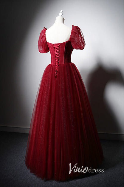 Red Beaded Prom Dresses Puffed Sleeve Evening Dress AD1013-prom dresses 2025 -Viniodress-Red-Custom Size-