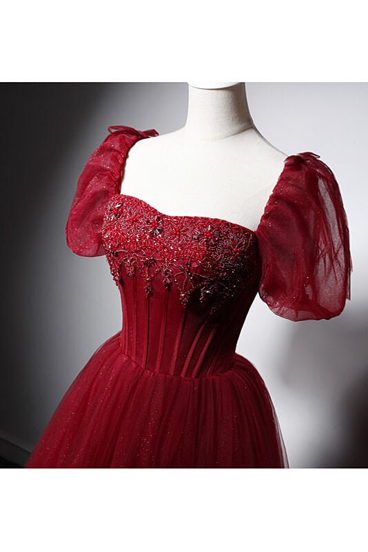 Red Beaded Prom Dresses Puffed Sleeve Evening Dress AD1013-prom dresses 2025 -Viniodress-Red-Custom Size-