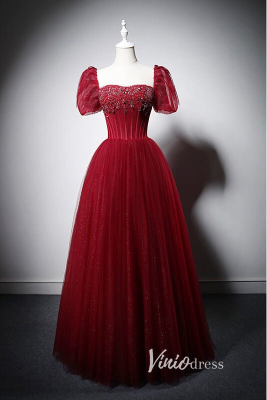 Red Beaded Prom Dresses Puffed Sleeve Evening Dress AD1013-prom dresses 2025 -Viniodress-Red-Custom Size-