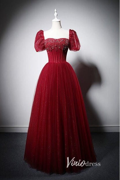 Red Beaded Prom Dresses Puffed Sleeve Evening Dress AD1013-prom dresses 2025 -Viniodress-Red-Custom Size-