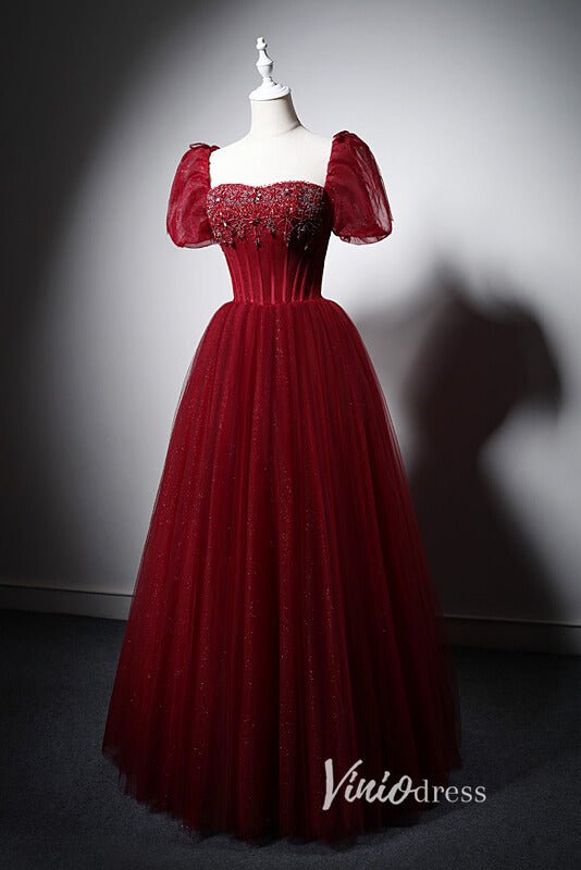 Red Beaded Prom Dresses Puffed Sleeve Evening Dress AD1013-prom dresses 2025 -Viniodress-Red-Custom Size-