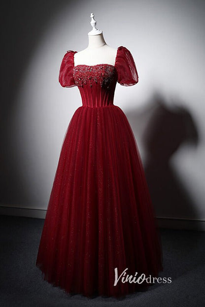 Red Beaded Prom Dresses Puffed Sleeve Evening Dress AD1013-prom dresses 2025 -Viniodress-Red-Custom Size-