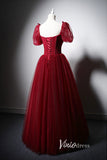 Red Beaded Prom Dresses Puffed Sleeve Evening Dress AD1013-prom dresses-Viniodress-Viniodress