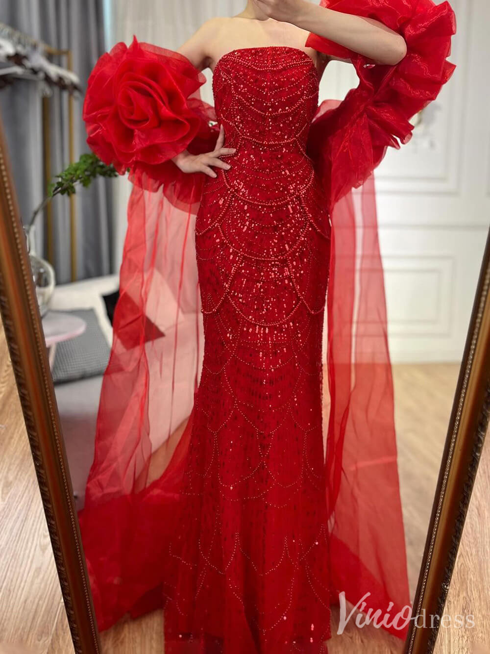 Red Beaded Puffed Sleeve Mermaid Prom Dresses Strapless Pageant Dress 20219-prom dresses-Viniodress-Viniodress