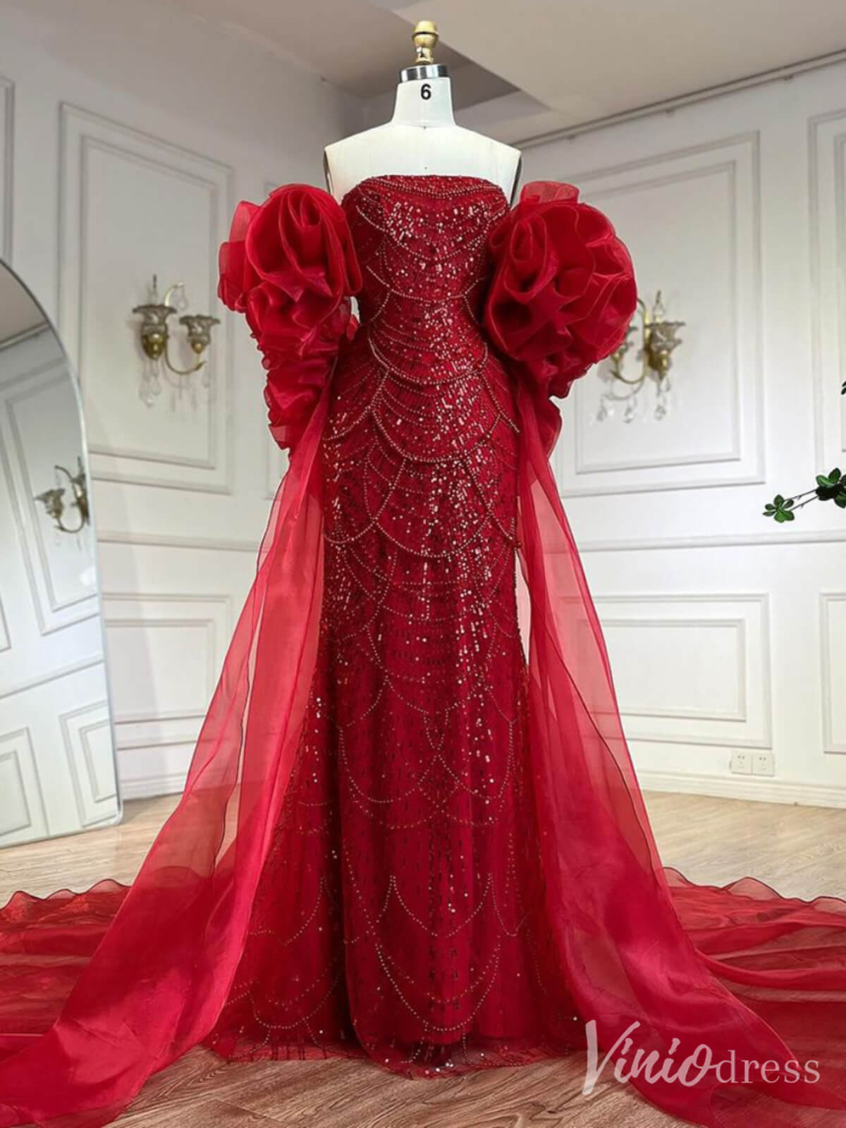 Red Beaded Puffed Sleeve Mermaid Prom Dresses Strapless Pageant Dress 20219-prom dresses-Viniodress-Viniodress