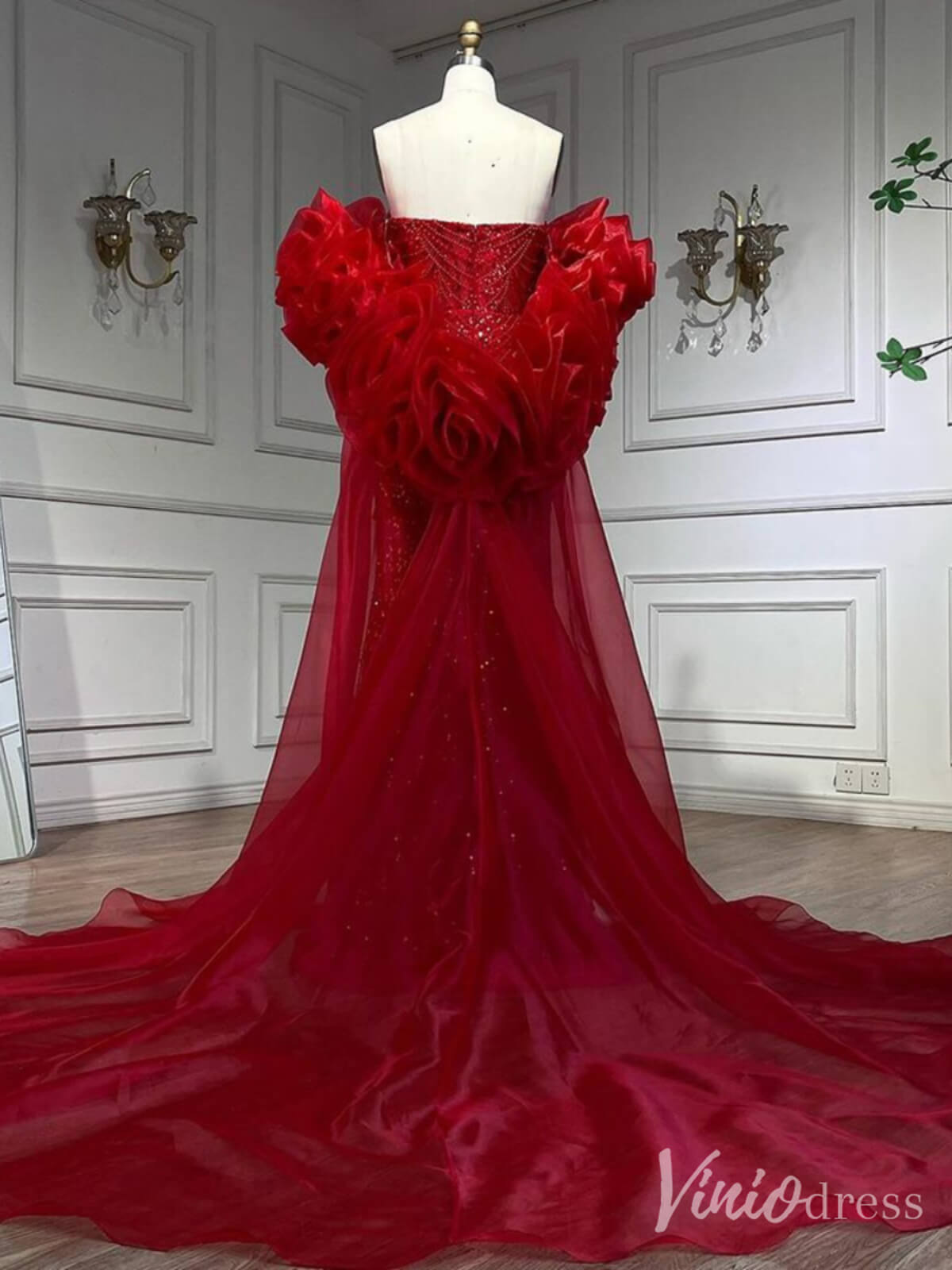 Red Beaded Puffed Sleeve Mermaid Prom Dresses Strapless Pageant Dress 20219-prom dresses-Viniodress-Viniodress